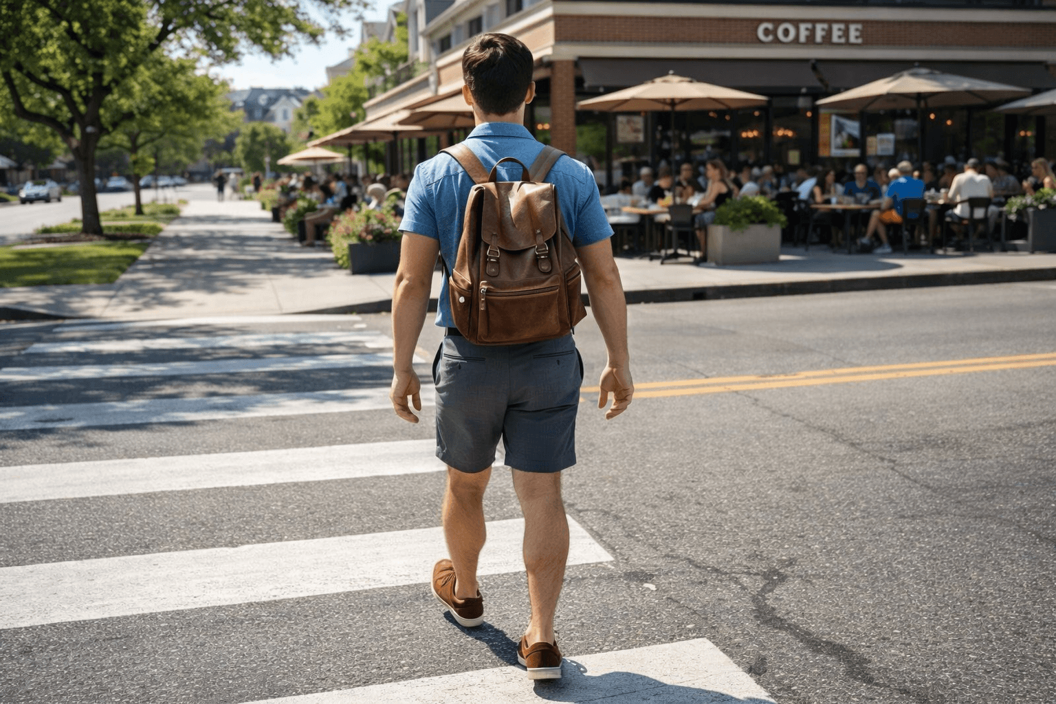 AI generated: In a sunny morning at a nice neighborhood. The model is crossing the street towards a large-one full...