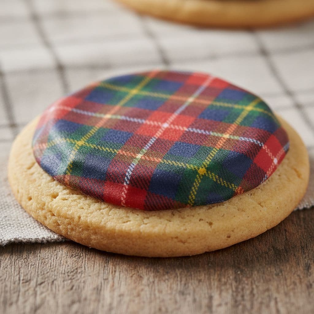 AI generated: Scottish shortbread cookie with beveled tartan-pattern icing, smooth baked detail