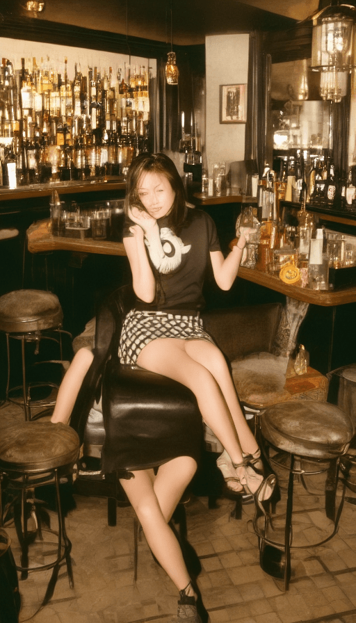 AI generated: At a bar there's a pretty lady sitting wearing a black sweater and a checkered mini skirt, volumetri...