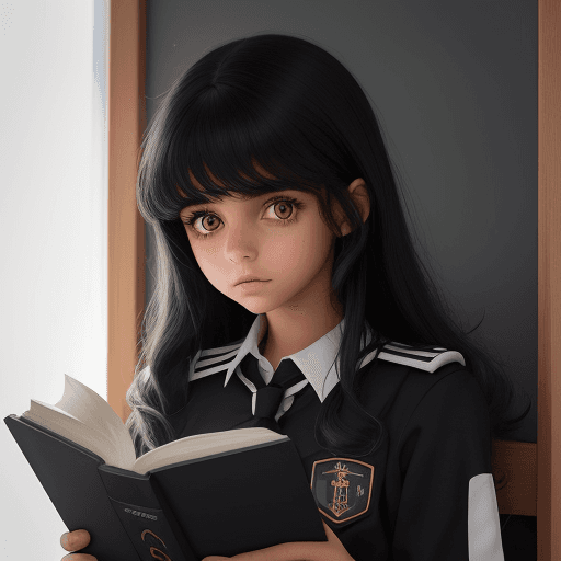 AI generated: Una hermosa joven de cabello negro, vestida con uniforme escolar, se sienta ante una mesa con su lib...