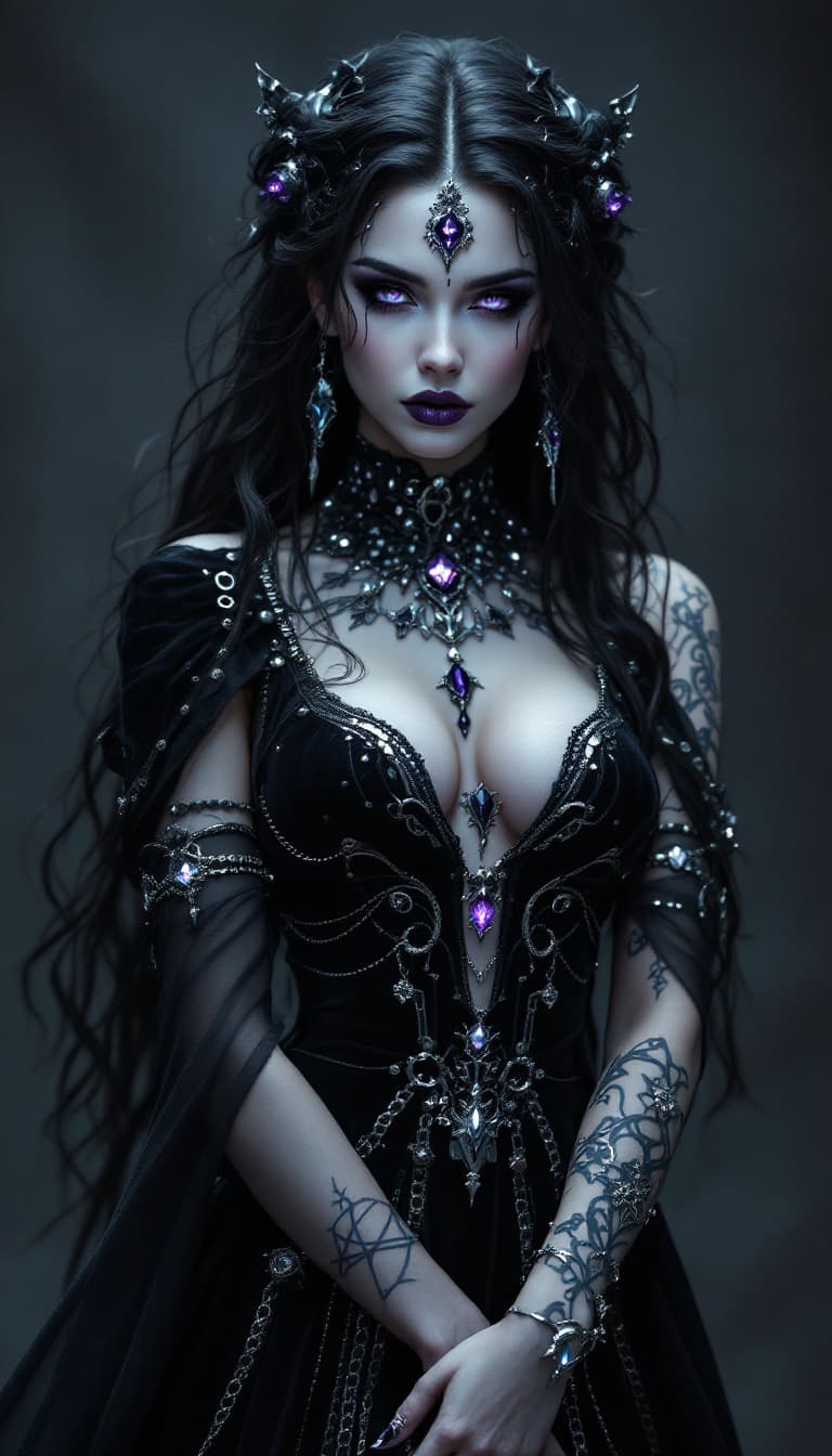 AI generated: An ultra-realistic, full-body portrait of a captivating gothic sorceress woman, exuding dark power a...