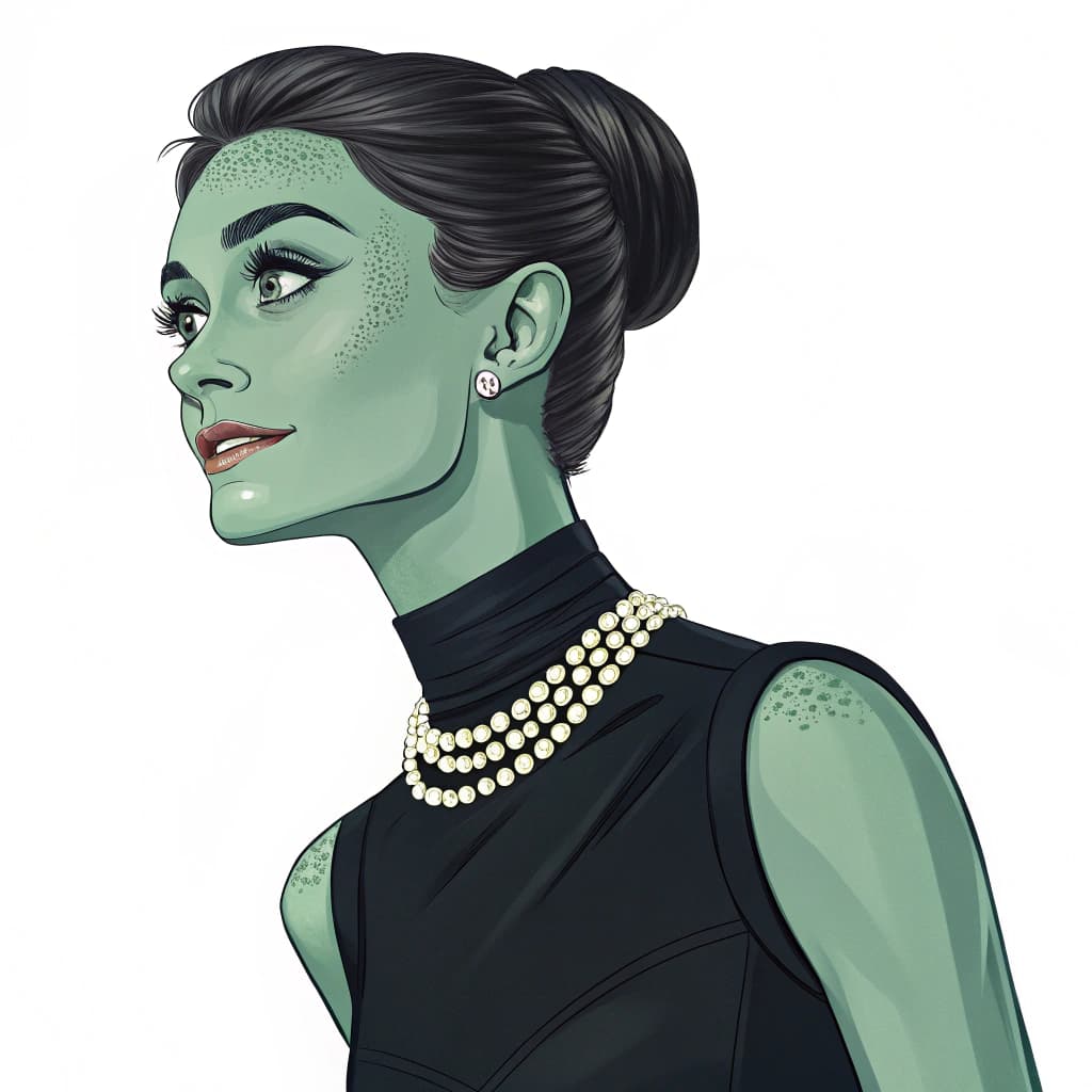 AI generated: Modeled after Audrey Hepburn from breakfast at tiffany's. Olive skin female alien human hybrid with ...
