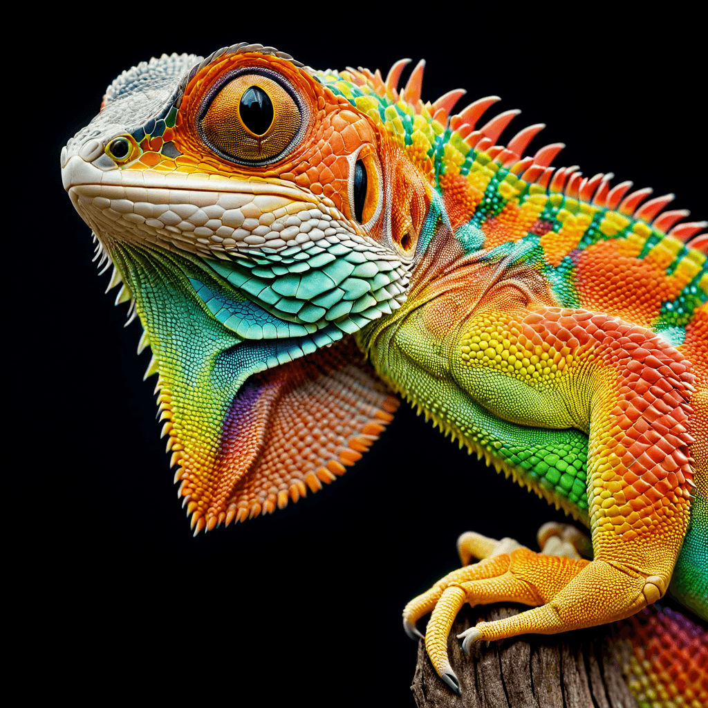 AI generated: The image features a large, colorful lizard with a long neck and a long tail. The lizard is sitting ...