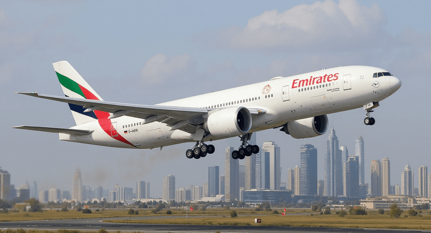 AI generated: UHD image of Emirates Airbus 350 taking off in Dubai.