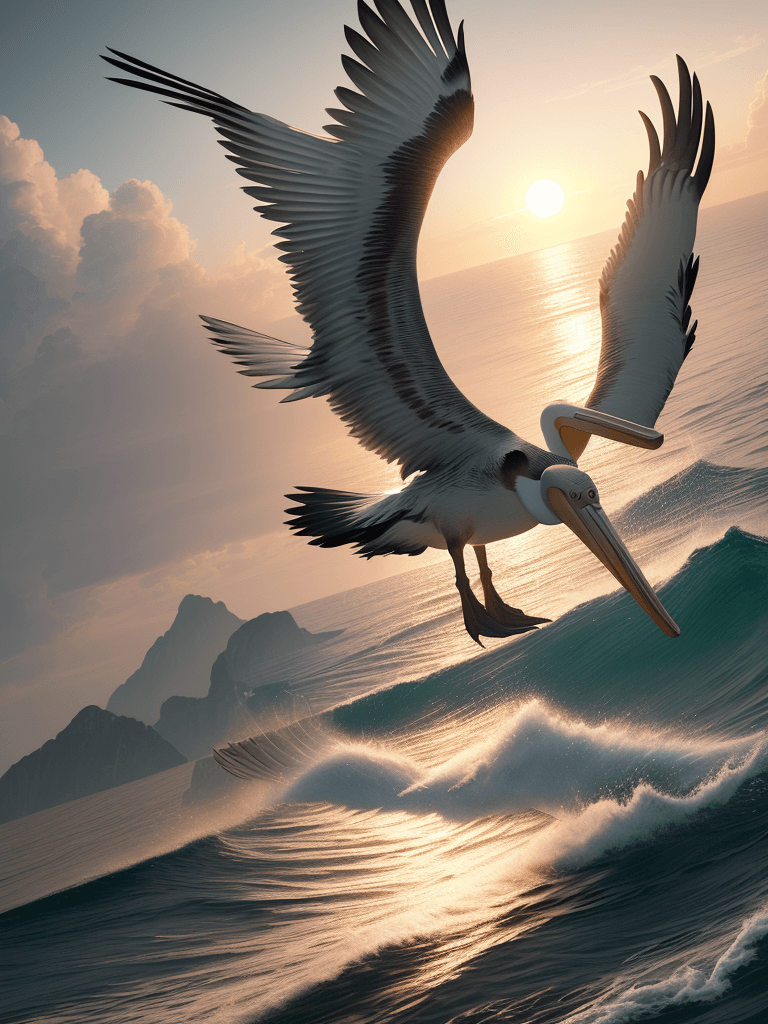 AI generated: Photo of a ultra realistic pelican flying over sea, dramatic light, pale sunrise, cinematic lighting...