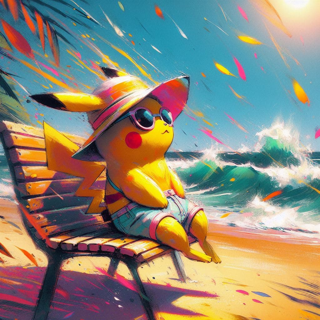 AI generated: aesthetic, painterly style, modern ink, urbanpunk, high ground angle shot of Pikachu in a light swim...