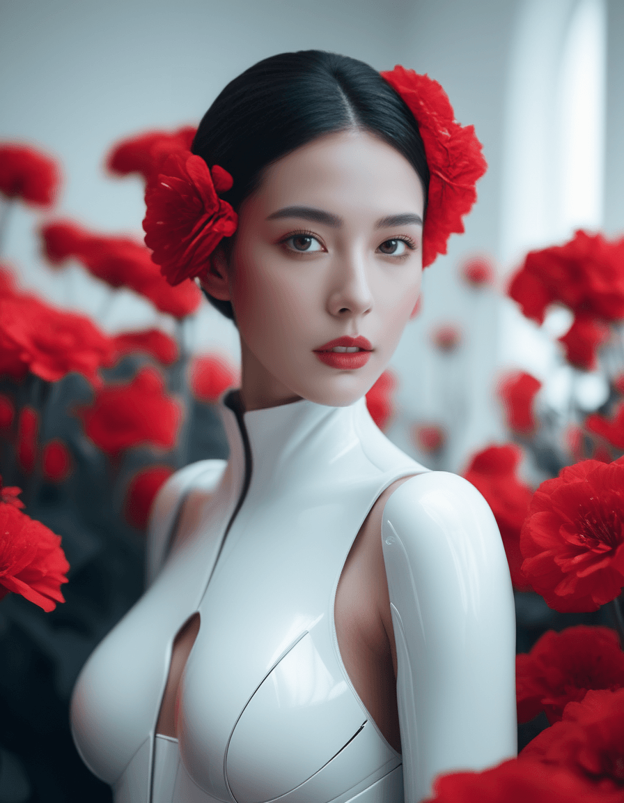 AI generated: cinematic portrait photo painting of a beautiful cyborg woman with white parts,standing in the middl...