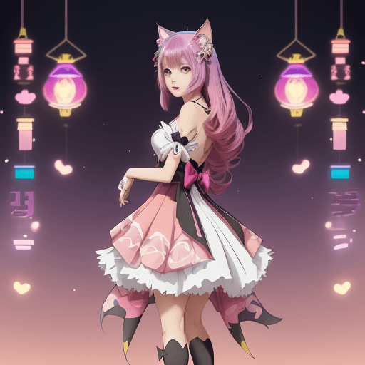 AI generated: a woman with a cat ears and a dress on is standing in front of a colorful background, anime style 4 ...
