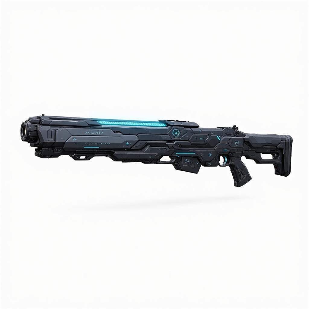 AI generated: Create a fictional weapon for Our’World. Render Axiom Lancer rifle: long, broad chassis with floatin...