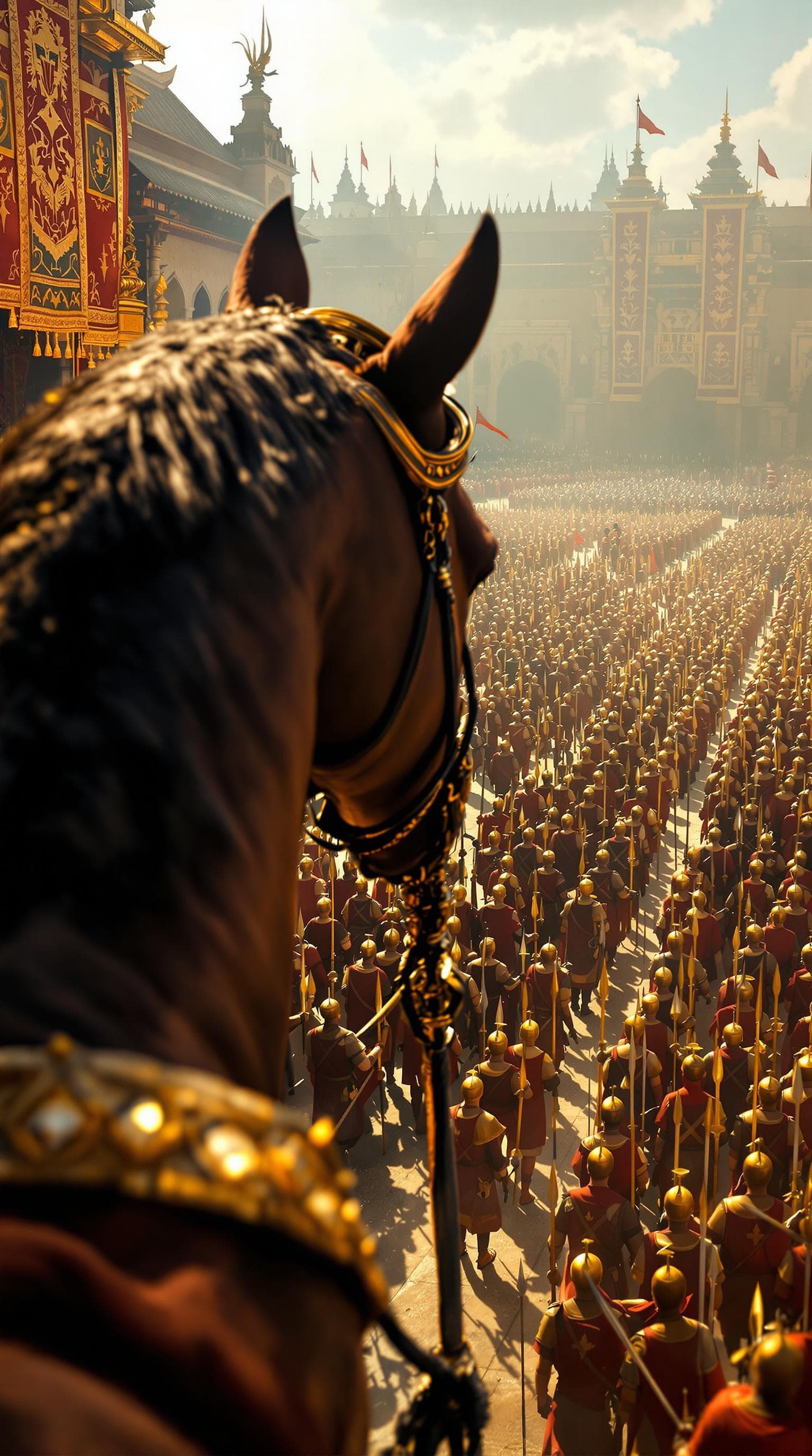 AI generated: First-person view, slightly blurred at first, then sharpening to show the reins of my magnificent st...