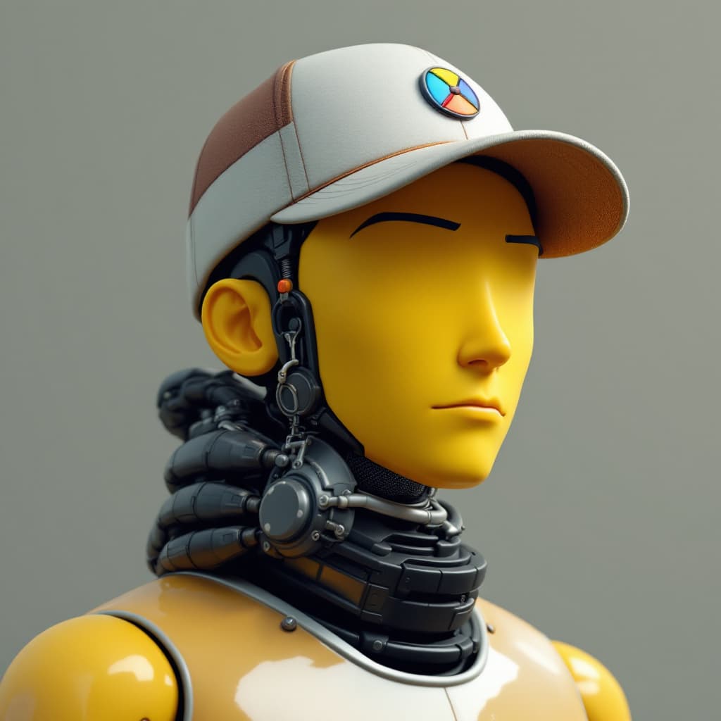 AI generated: Yellowish skinned cartoon head, baseball cap with small alternating multicolor propeller top, cap pu...