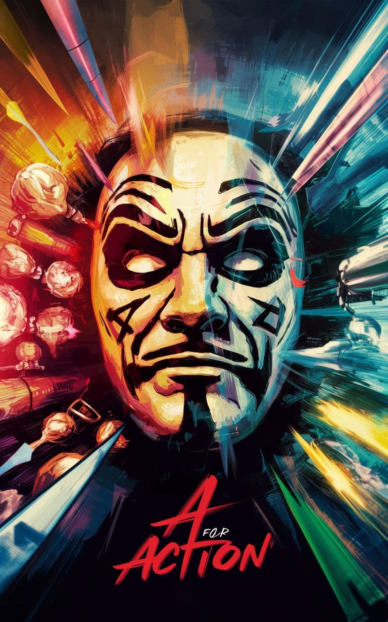 AI generated: Design a movie poster for "A for Action," featuring the V for Vendetta mask in a dynamic and energet...
