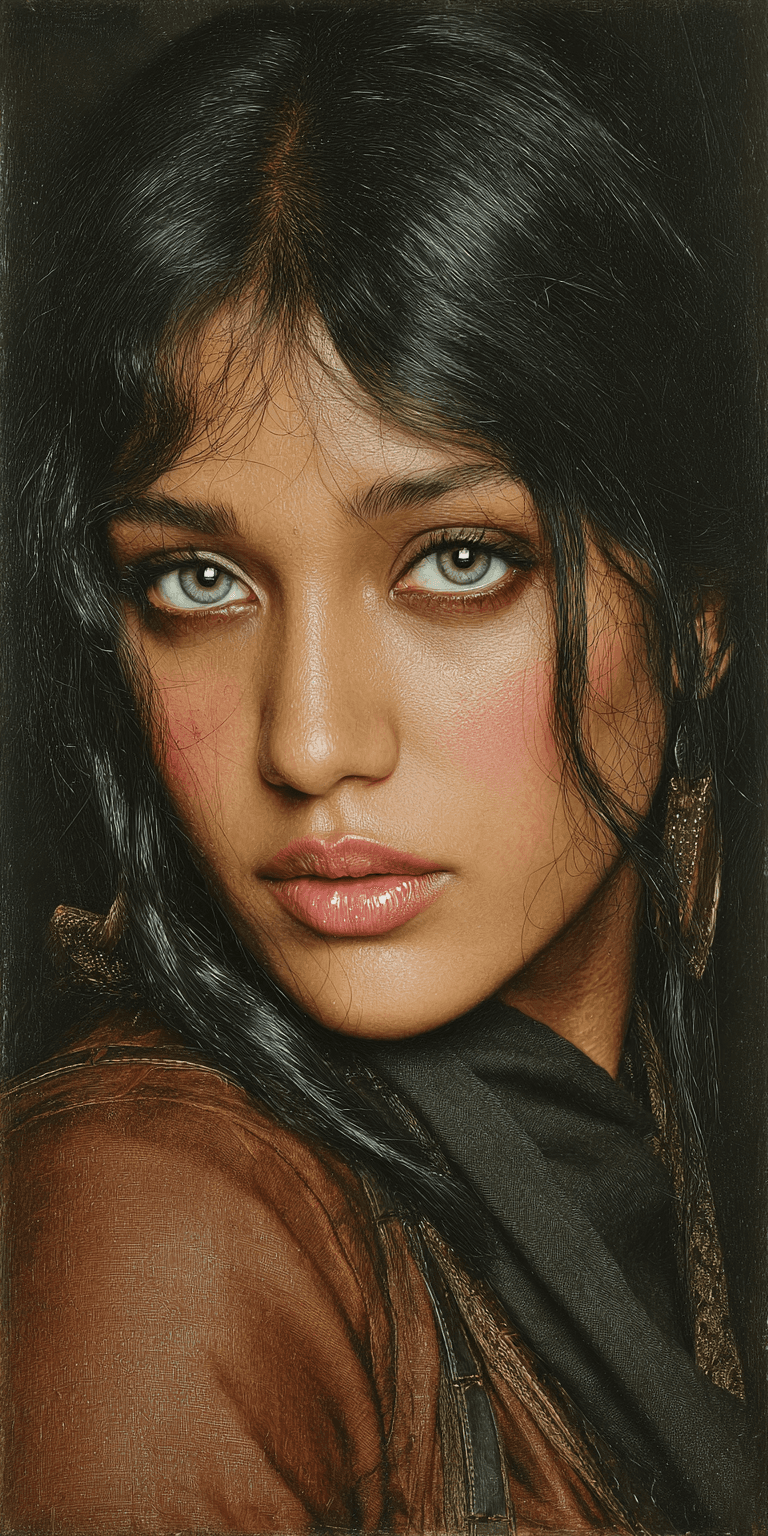 AI generated: close up potrait of a breathtakingly beautiful alluring Indian woman, with long black hair, dutch an...