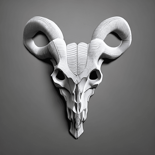 AI generated: white 3d relief of rams skull on black background, no shadows, smooth, no boarder, 8k