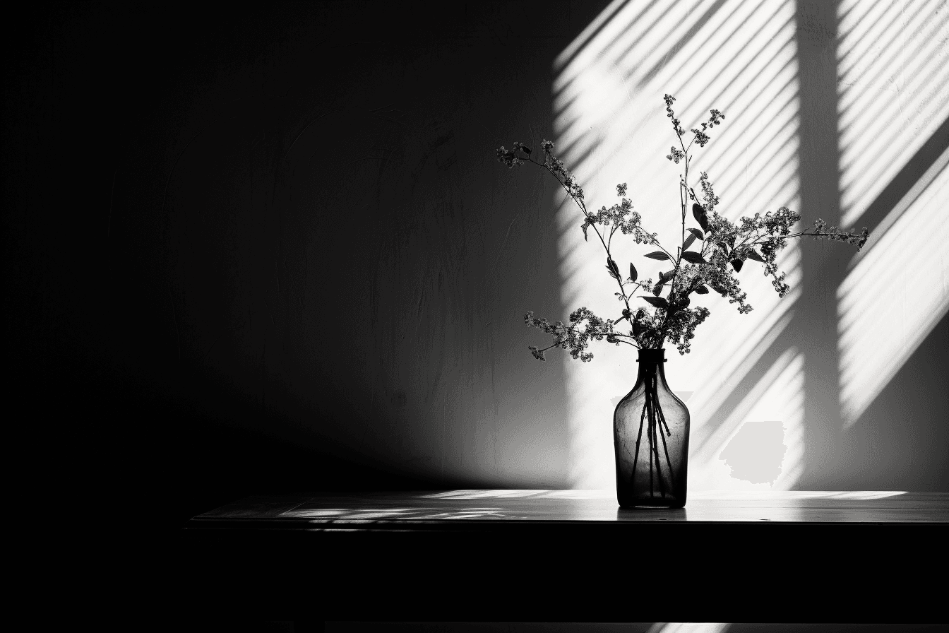 AI generated: in black and white, the sun shines in the church, in the style of minimalist still lifes, renaissanc...