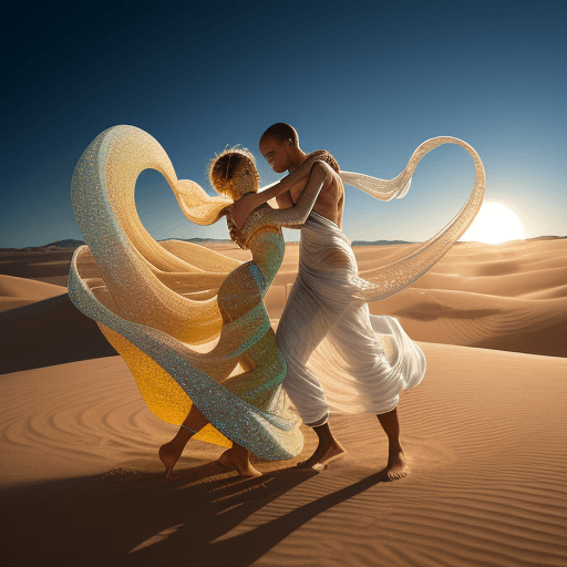AI generated: Sand dancer
A dancer and a dancing man made entirely of swirling coloured sand. Their forms are ethe...