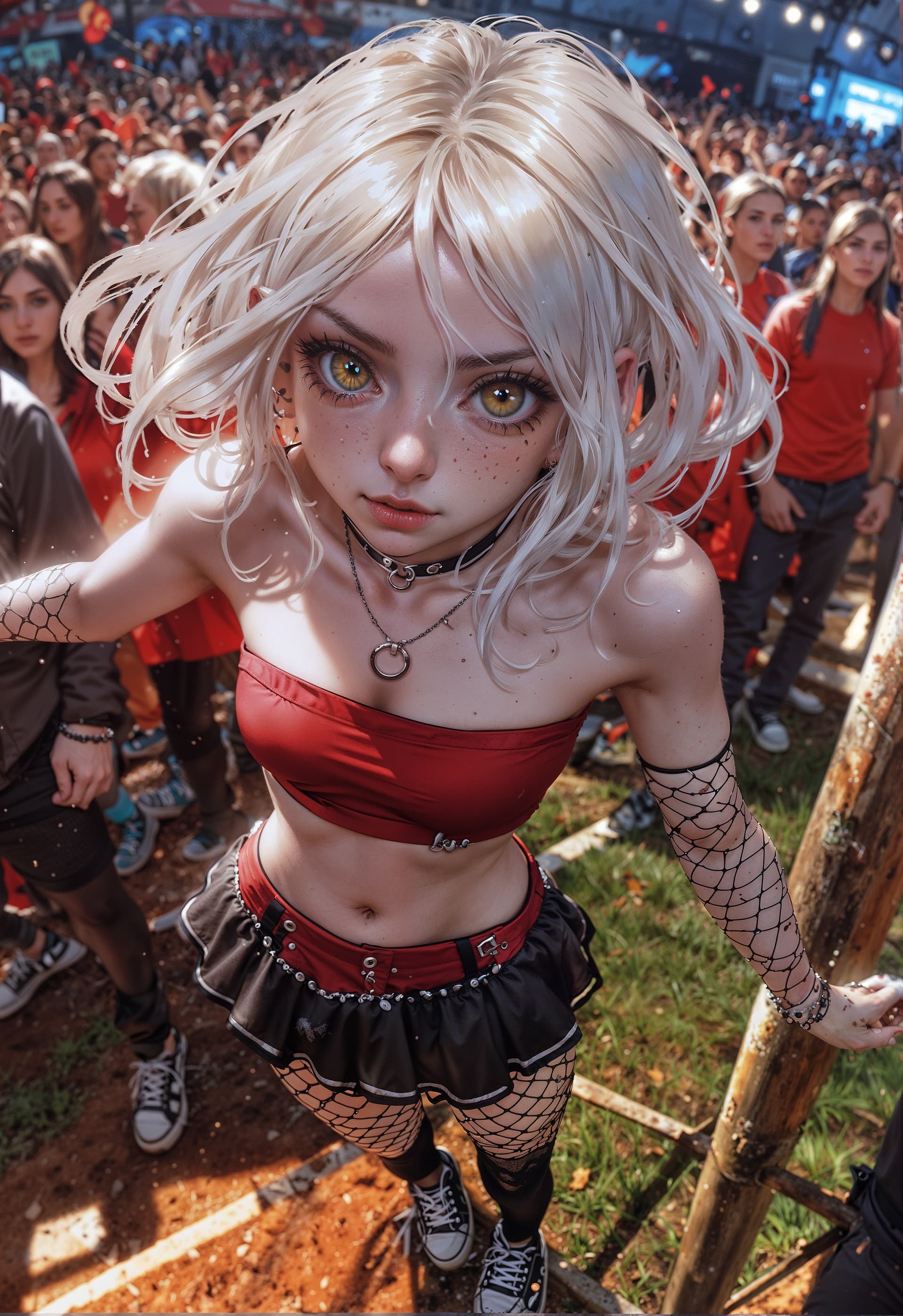 AI generated: high quality, 1lady, 25 years old, gold eyes, long white hair, fade, outdoors, concert, red-top, bla...