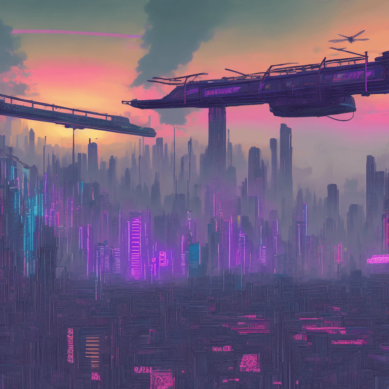 AI generated: A cyberpunk city scape at sunset in the style of JMW Turner. All neon chrome and looming shadows. A ...