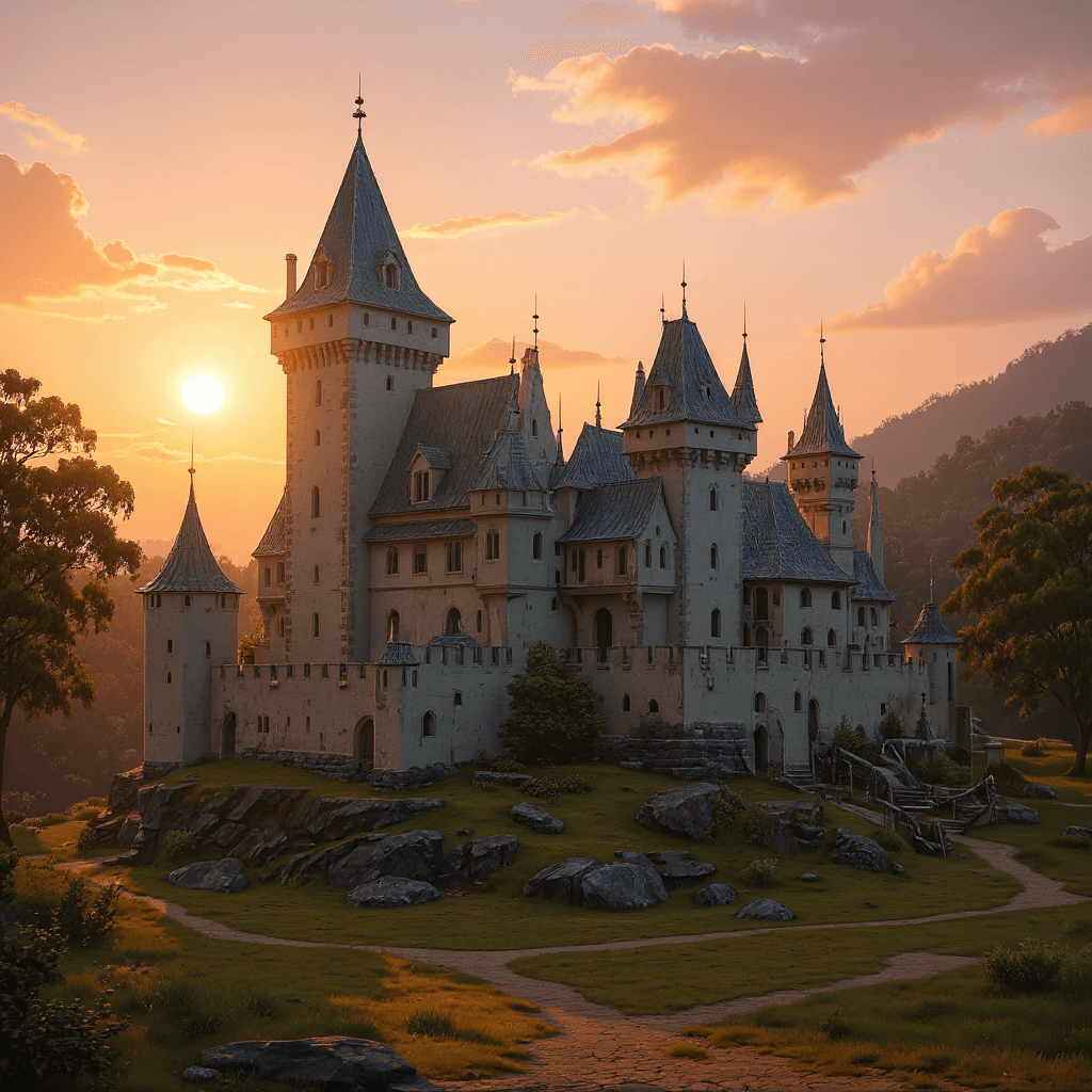 AI generated: Early morning sunrise a beautiful amazing castle similar to the very amazing Karlstein Castle that w...