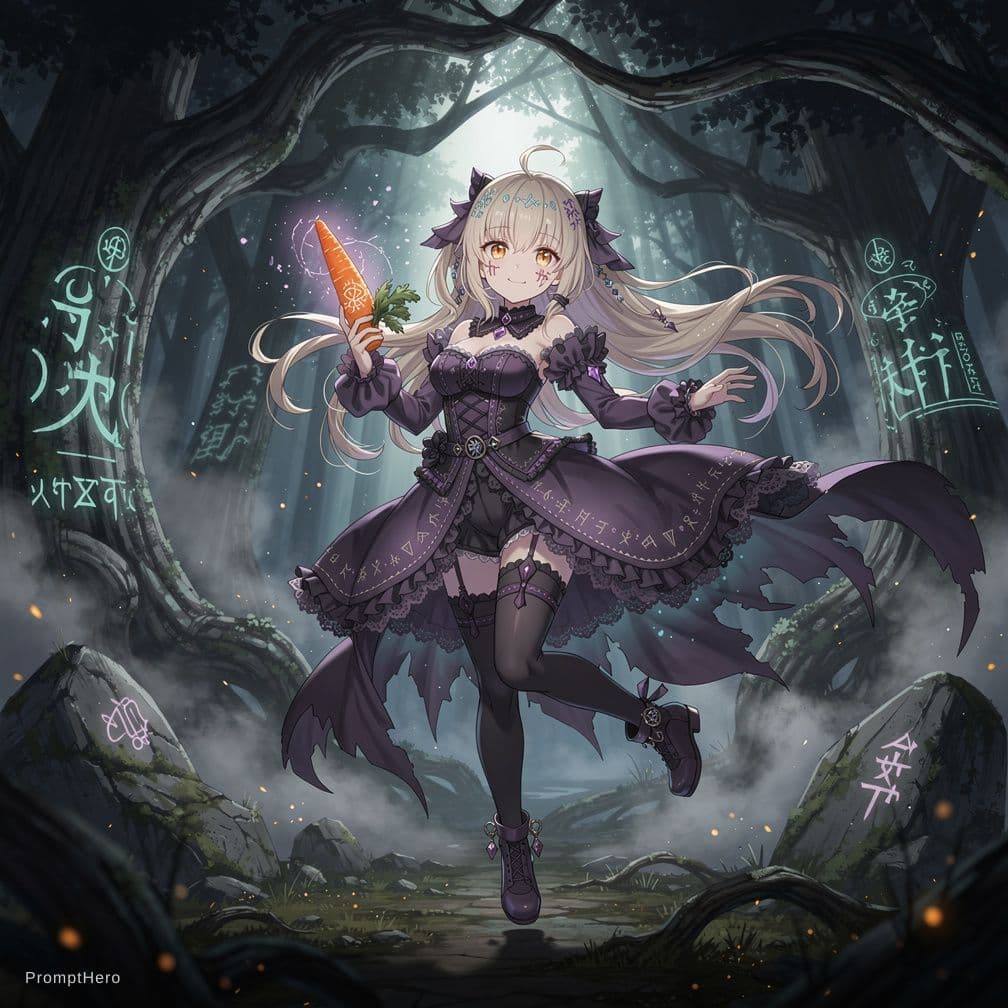 AI generated: chthonic anime girl, dark fantasy, cute yet eerie, long blonde hair, glowing eyes, pale skin, holdin...