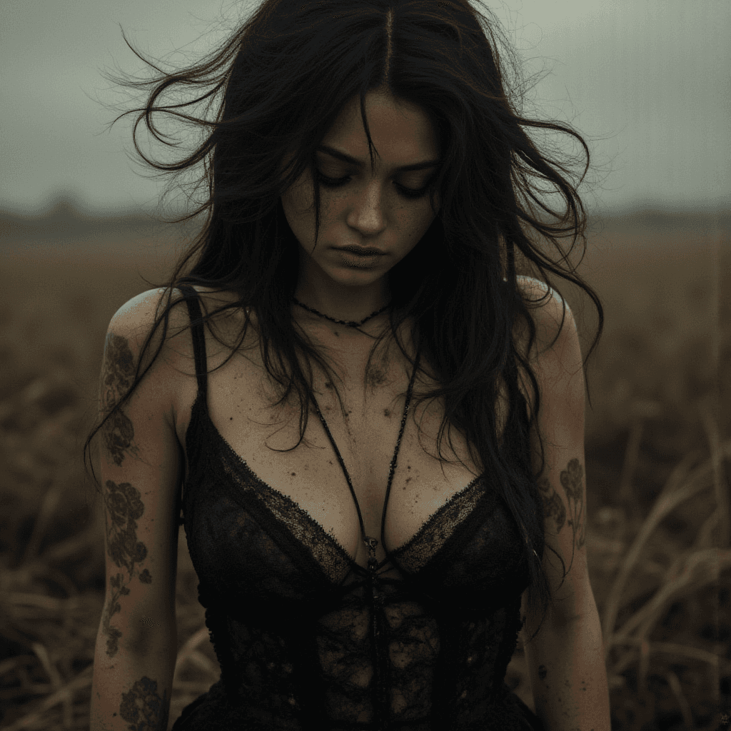 AI generated: Craft an Old Master painting   
full body shot of A woman with raven black hair,  covered in dirt, w...