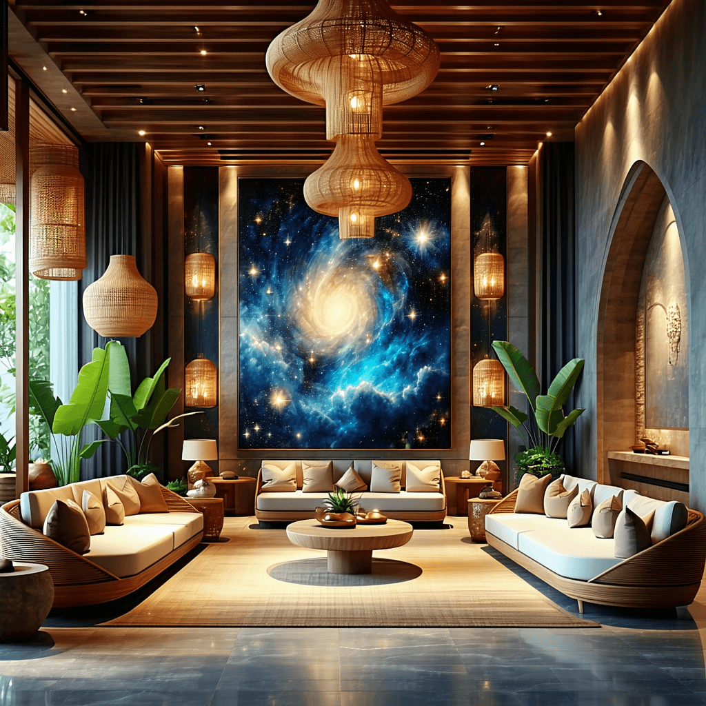 AI generated: Here is a high-end bohemian-style hotel lobby featuring your celestial and mystical artwork. The spa...