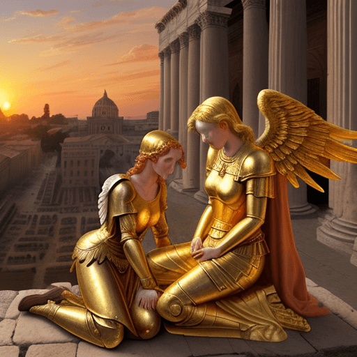 AI generated: An angel with golden armor and fiery wings, in ancient Rome, comforting a grieving widow in the mark...
