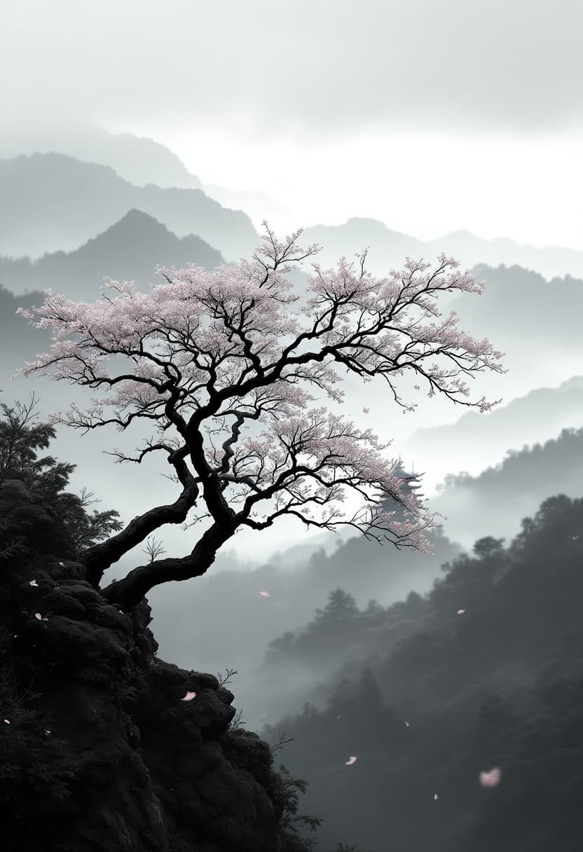AI generated: cinematic grayscale, traditional Japanese tree, foggy layered mountain valley, same tone and color s...