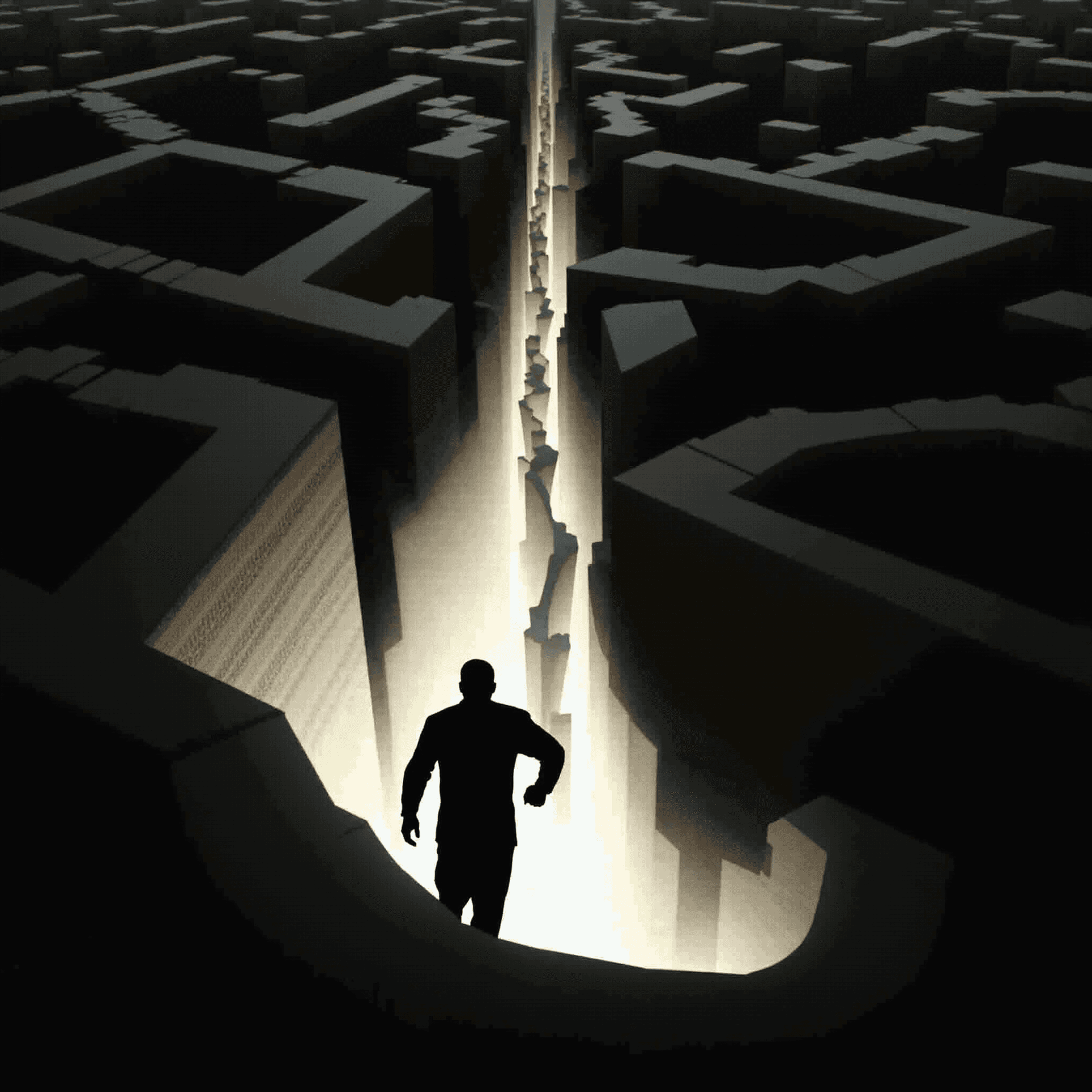AI generated: A striking silhouette of a figure dynamically navigating a complex, abstract maze. The maze is compo...
