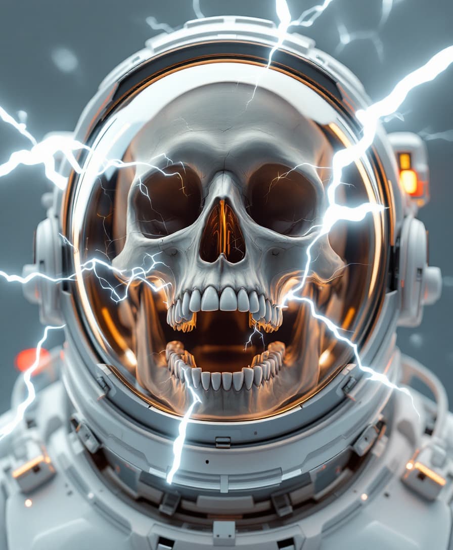 AI generated: astronaut open helmet, human skull, perfect teeth, lightning coming out of the open mouth, futuristi...