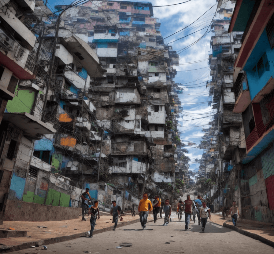 AI generated: a big futuristic mech iswalking in the street in  a favela. Terrified people are running while fleei...