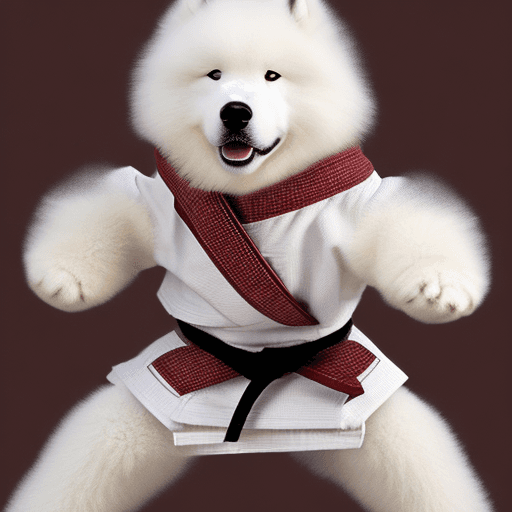 AI generated: samoyed dog wearing a white judogi and a black belt