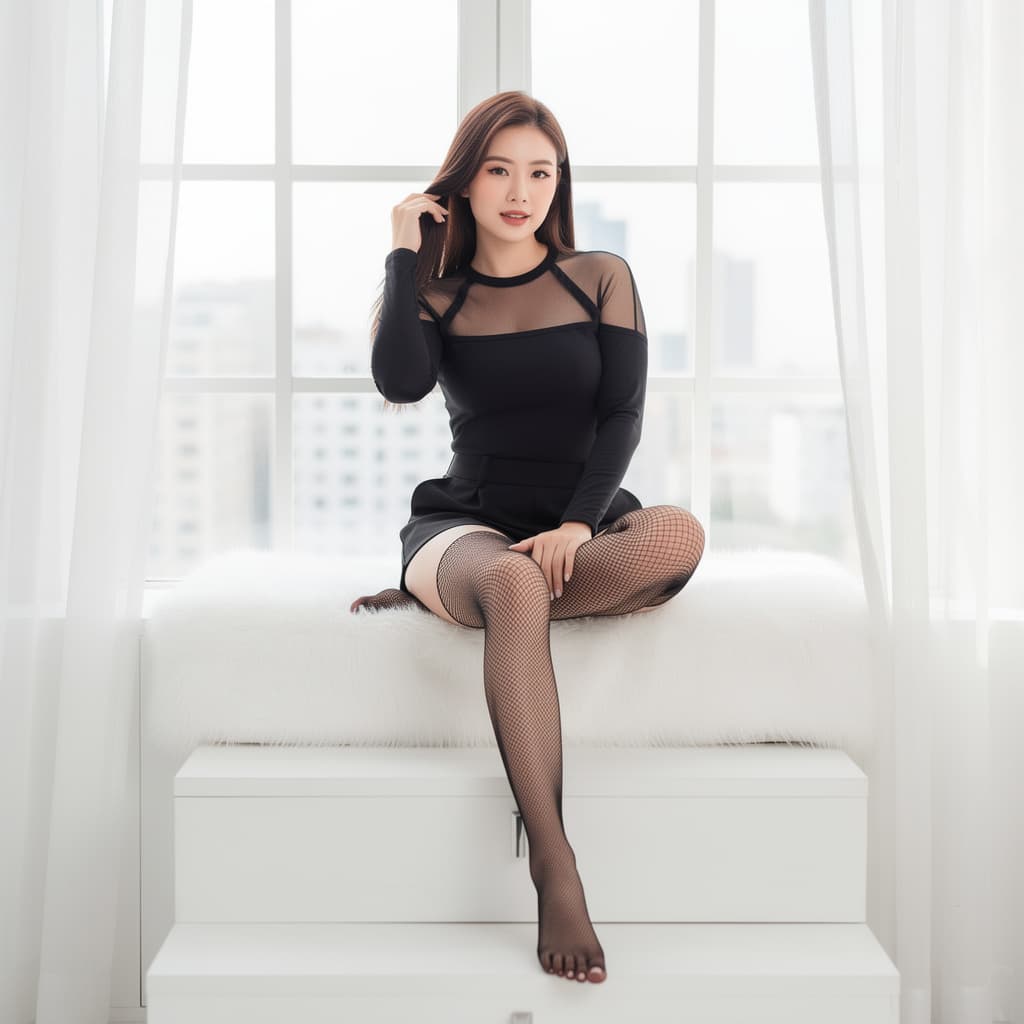 AI generated: A photorealistic gravure-style full-body portrait of a beautiful young Asian woman sitting by a larg...