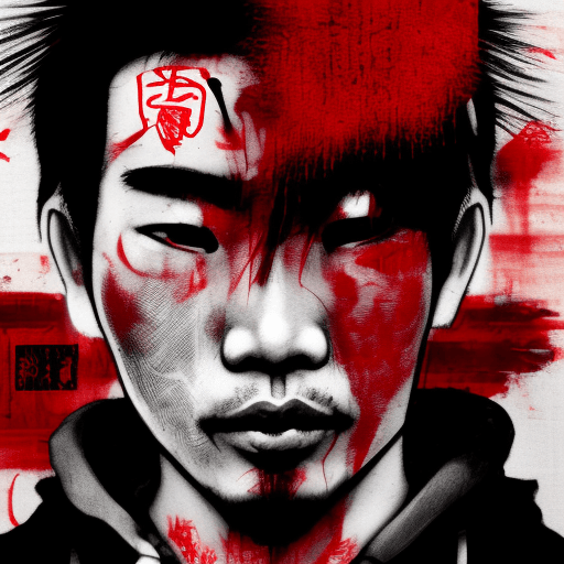 AI generated: Asian man, chiseled face, black and red color tones, wabi-sabi art, abstract , punk collage , urbanp...