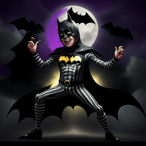 AI generated:  beetlejuice in a batman costume ... dancing in front of the bat signal