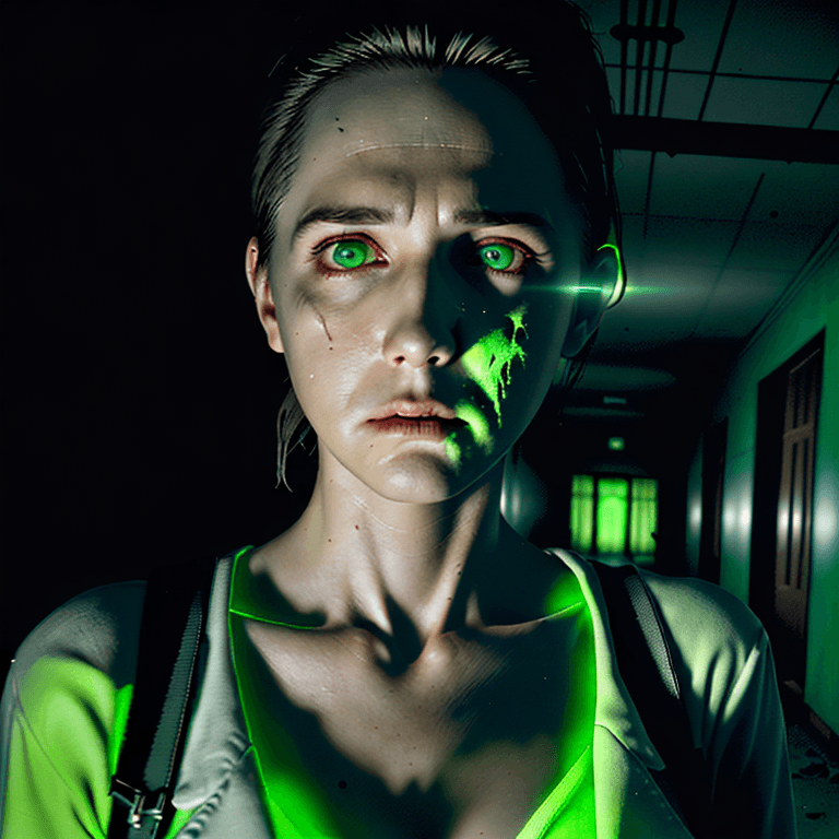 AI generated: an ultra realistic portrait of a ghost hunter, green fluro color eyes, alan wake, investigating an a...