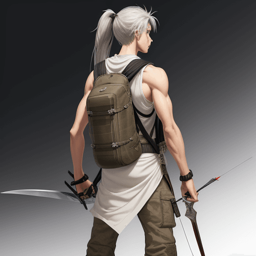 AI generated: Game 2d art, image of a young man with light gray hair long in a ponytail, 16 years old, brown eyes,...