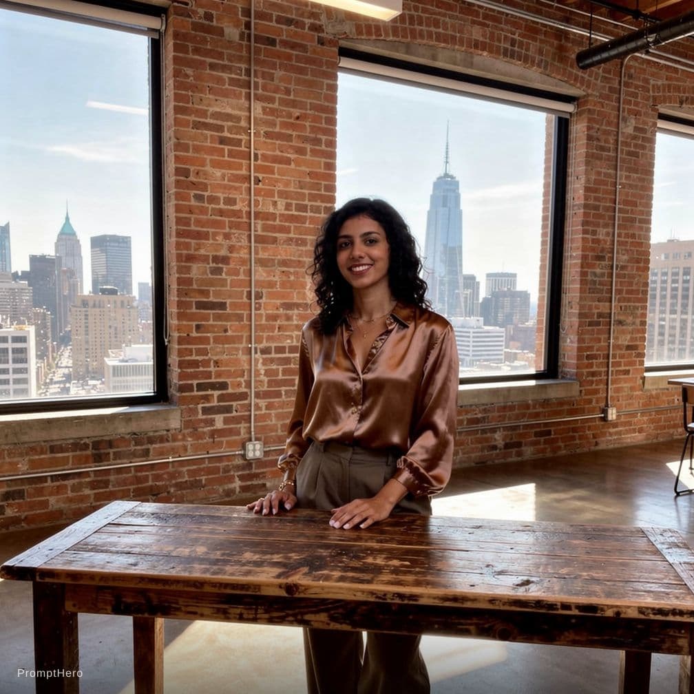 AI generated: In a modern sunlit loft with exposed brick walls and large windows framing the city skyline, a capti...