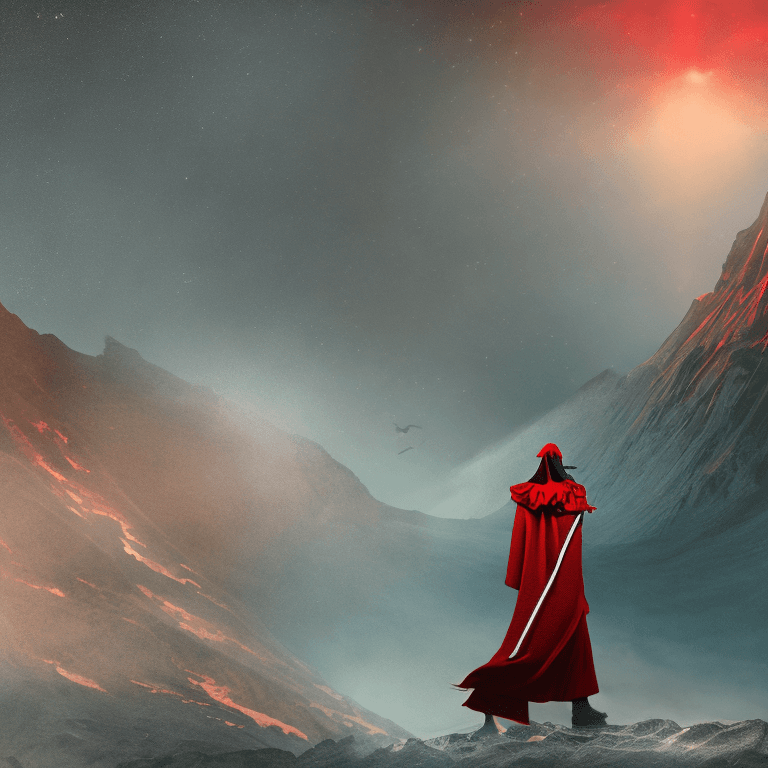 AI generated: Dark fantasy sorcerer with a vulcano in the background. Magical realism. Red robes. Castin g spell