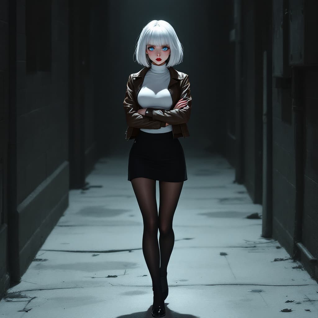 AI generated: anime, woman, white hair, bob cut, blue eyes, freckles, red lips, white turtle neck sweater, tight t...