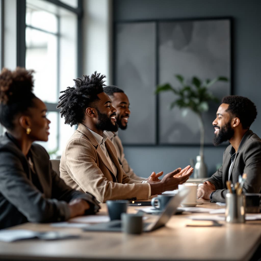 AI generated:  4 black people speach at table In a modern marketing office with a sleek and elegant design 