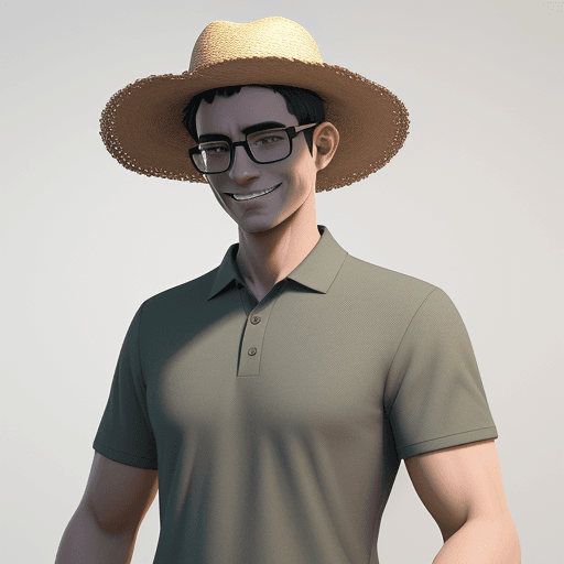 AI generated: A men, smilling gray, without beard, whithout shadow, short hair, black glasses, straw hat,  wearing...