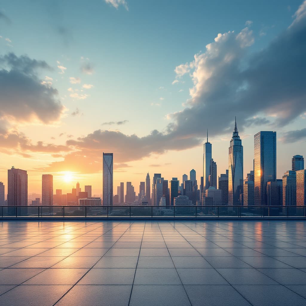 AI generated: Empty square floor and city skyline with modern buildings at sunrise ::1.15 ::2 --s 1000 --seed 6209...