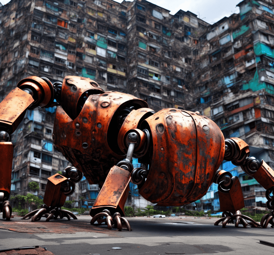 AI generated: a huge lost  rusted big robot  is sleeping. It is lying on the ground in the street in a  favela. . ...