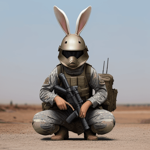 AI generated: rabbit wearing a helmet dressed as a soldier in a war zone 