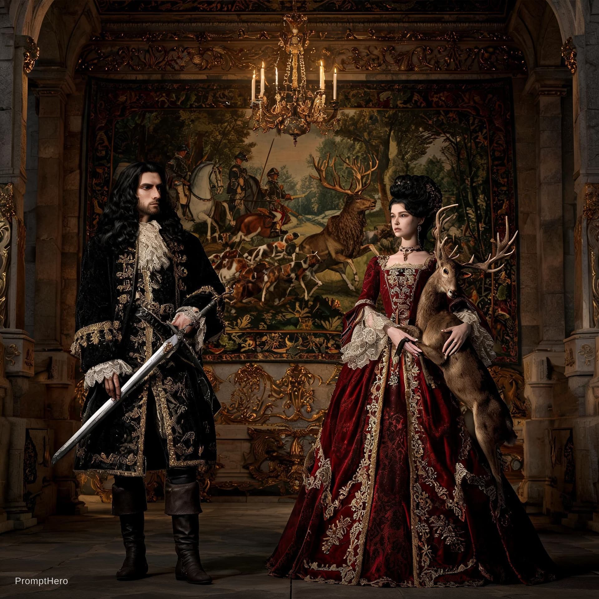 AI generated: Award winning portraits of two people, in the style of barocco, blach hair, In the castle , detailed...