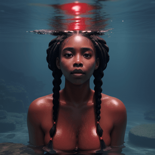 AI generated: fully clothed black girl with braids struggling to breathe underwater, a red glow cast around her, h...