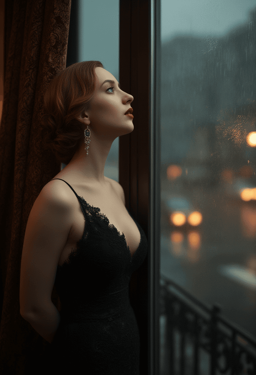 AI generated: A photorealistic portrait of a woman with a melancholic expression, gazing out a large window at a r...