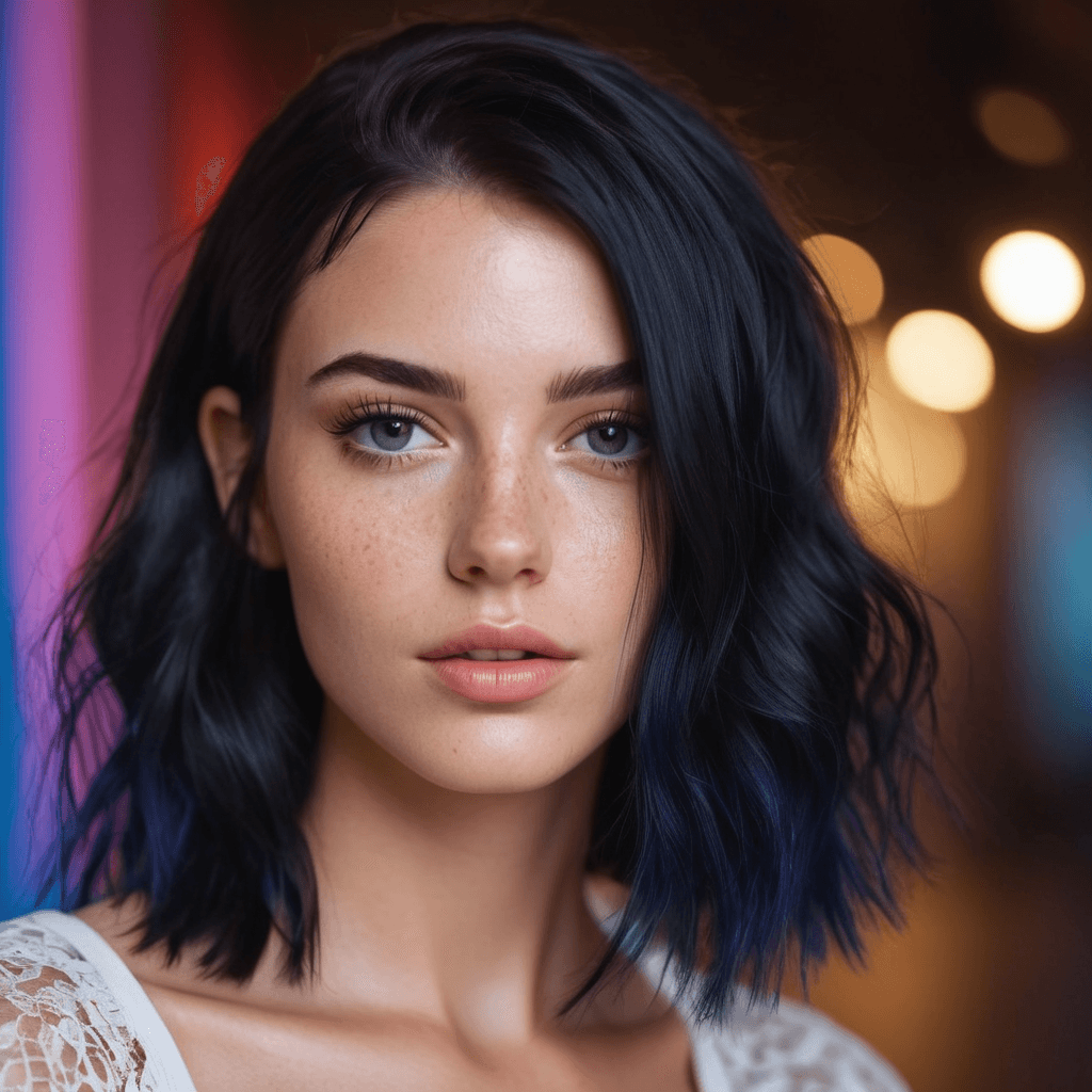 AI generated: Generate a hyper-realistic portrait of a beautiful white girl with neon black hair, light freckles, ...