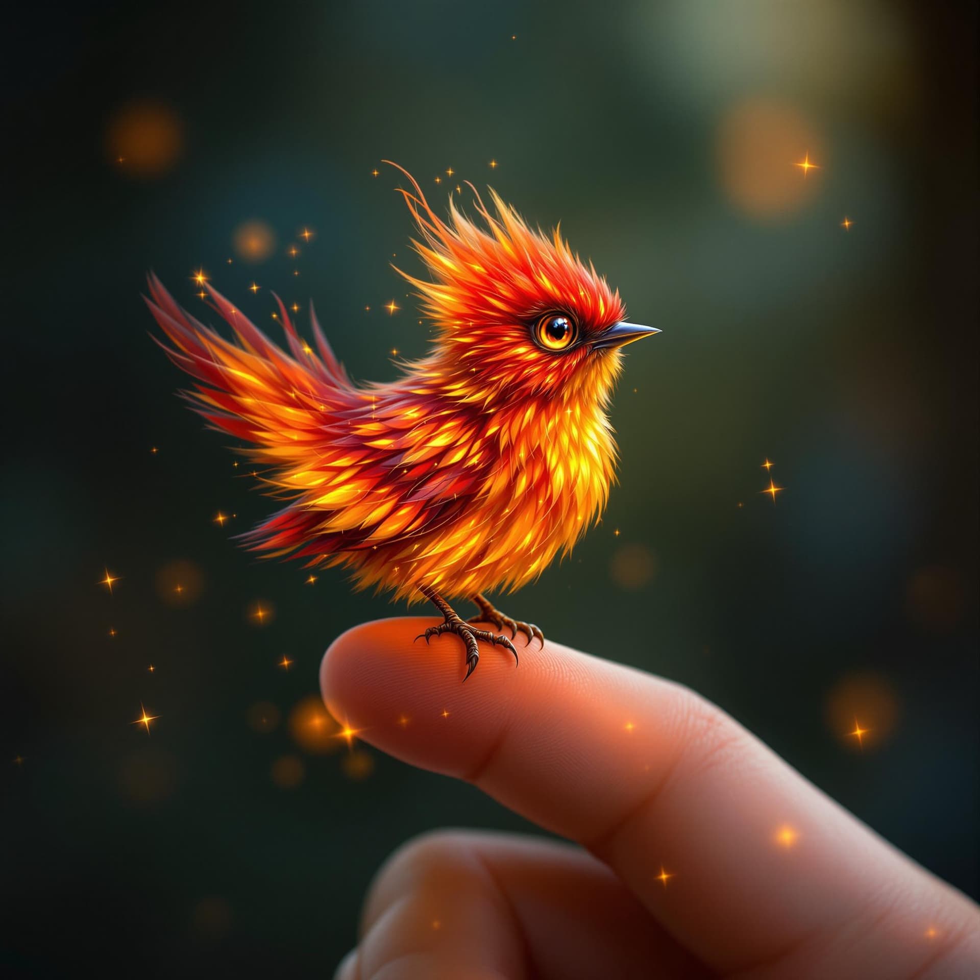 AI generated: Create a detailed and enchanting image of a tiny fire bird perched on a person's finger. The fire bi...